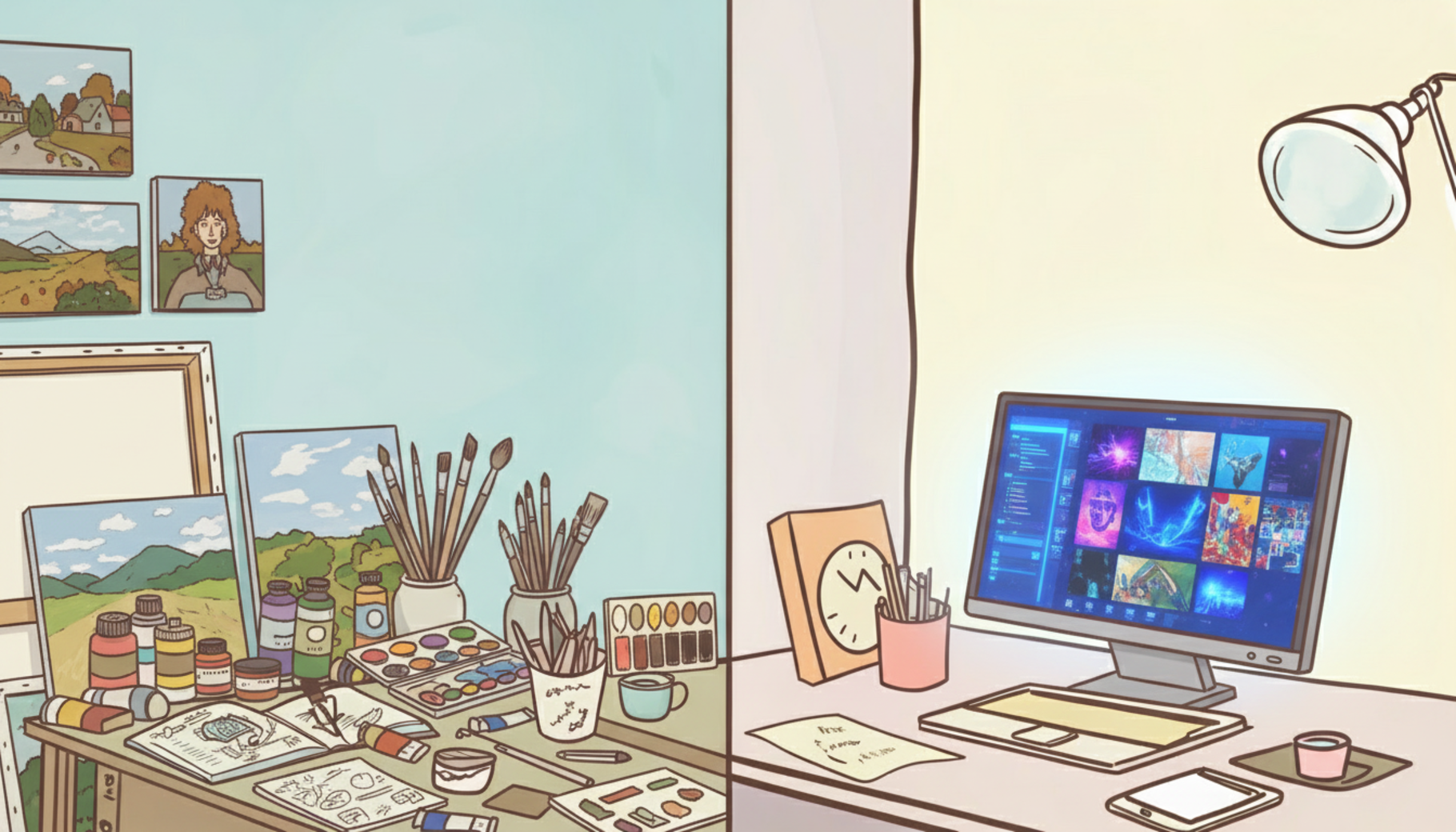 A split view showing a traditional artist's desk and a modern AI art workstation.